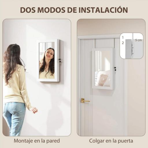 Espejo Joyero de Pared con Cerradura y Varios Compartimentos Montar en Pared o Puerta Blanco y Forro Crema [4]