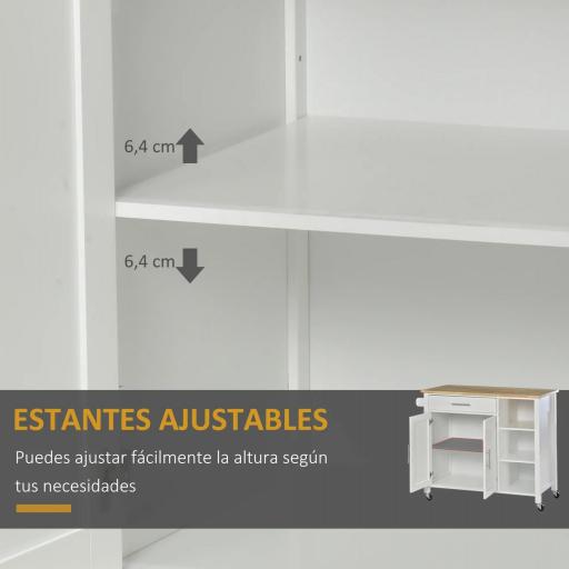 sla de Cocina con Ruedas Mueble Auxiliar de Cocina con Cajón Estantes y Barra Lateral 107,5x48x89 cm Blanco [5]