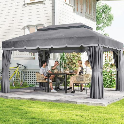 Cenador de Jardín 4x3m Pabellón de Jardín Gazebo con Doble Techo 4 Cortinas y Mosquitera Marco de Aluminio UPF50+ Gris [4]