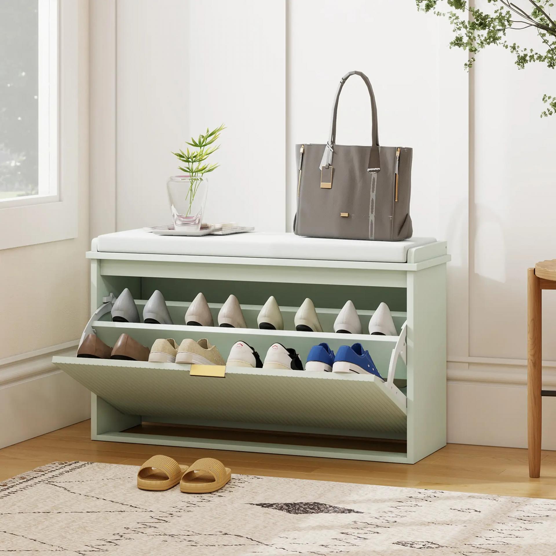 Banco Zapatero con Asiento Acolchado Cajón Abatible Estante Ajustable para Entrada Dormitorio 80x26x47,5 cm Verde Claro