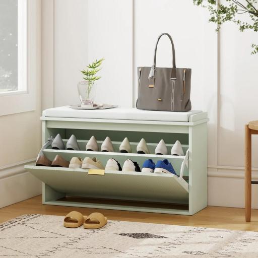 Banco Zapatero con Asiento Acolchado Cajón Abatible Estante Ajustable para Entrada Dormitorio 80x26x47,5 cm Verde Claro