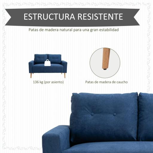 Sofá de 2 Plazas con 2 Cojines Reposabrazos y Patas de Madera de Caucho para Dormitorio Oficina 145x76x88 cm Azul [5]