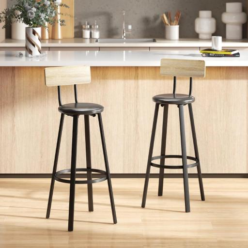 Juego de 2 Taburetes Altos de Cocina con Respaldo y Reposapiés Tapizados de PU Asiento de 75,5 cm Natural y Negro