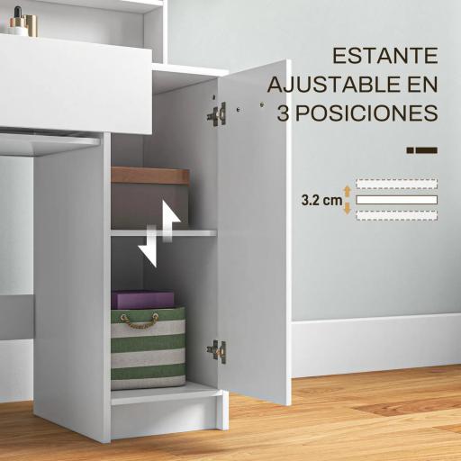 Tocador de Maquillaje con Taburete Espejo Cajón Estante Ajustable y Estantes Abiertos Anti-vuelco Blanco y Beige [5]