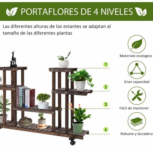 Soporte para Plantas de 4 Niveles con Ruedas Soporte para Macetas para Interiores y Exteriores 123,5x33x80 cm Marrón [3]