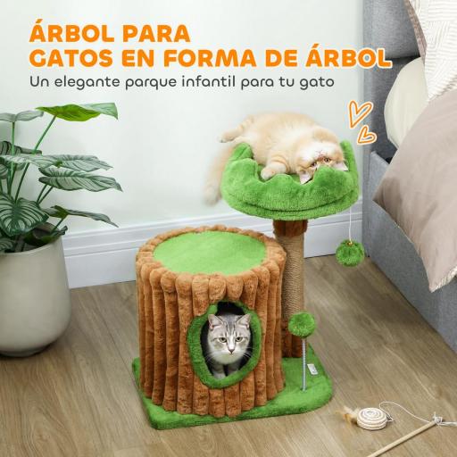 Árbol Rascador para Gatos 53 cm Diseño de Tronco con Casita Cama Poste de Yute Bolas Marrón y Verde [2]