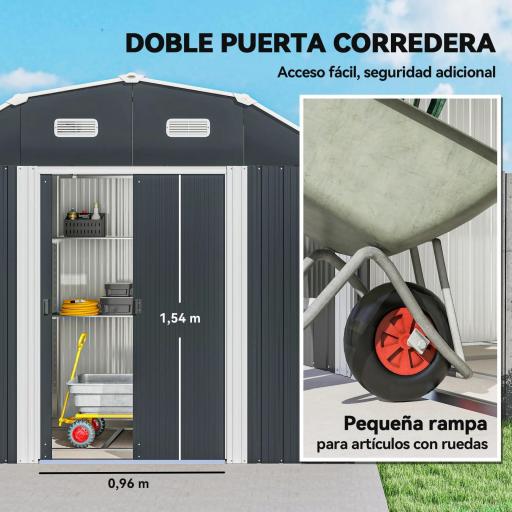 Caseta de Exterior Metálica 2,7 m² 238x132x198,5 cm con Base Estantes Ajustables 2 Puertas Corredizas y 2 Ventanas Gris [2]