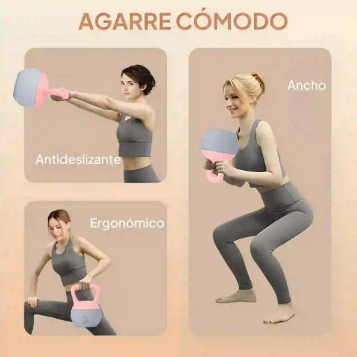 Pesa Rusa 10 kg Kettlebell Relleno de Arena Metálica Mango Antideslizante para Entrenar en Casa 21x21x30cm Rosa y Gris [4]