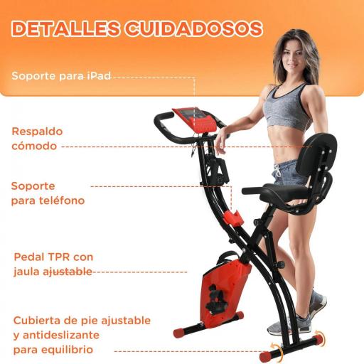 Bicicleta Estática Plegable 3 en 1 con Respaldo y 8 Niveles Resistencia Magnética, Bicicleta Estática para Casa Ajustable con Monitor LCD Volante Banda Sensor de Pulso Soporte de Teléfono Rojo [6]