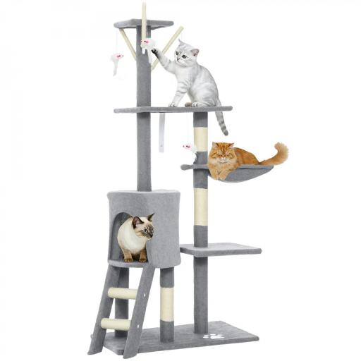 Árbol Rascador para Gatos Altura 134 cm con 6 Postes 3 Plataformas Cueva Hamaca Escalera 4 Juguetes Colgantes Gris [9]