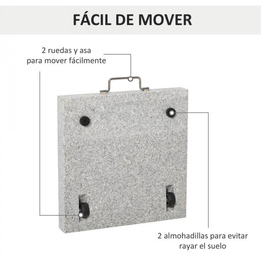 Base de Sombrilla Exterior Universal 25 kg de Mármol con 2 Ruedas y Asa de Transporte Tubo de Ø35/38/48 mm Soporte de Parasol para Jardín Balcón Patio 40x40x36 cm Gris [4]
