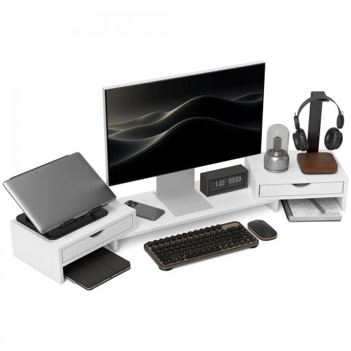 Elevador Monitor Ángulo y Longitud Ajustable con 2 Cajones para Portátil Computadora PC 60-116x22x12 cm Blanco [9]