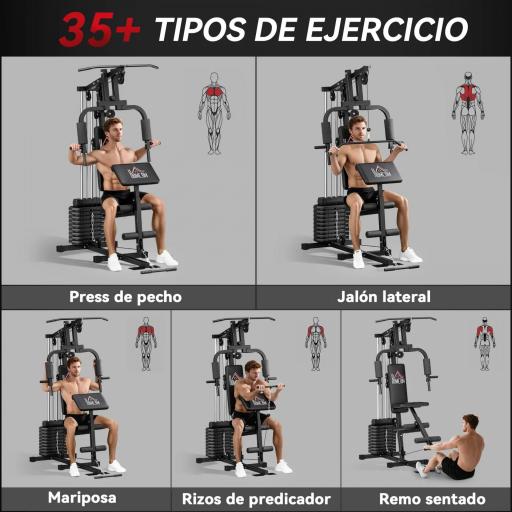 Máquina de Musculación con Pesas Ajustables de 45 kg Prensa de Pecho y Piernas Polea 135x103x210 cm Negro [2]