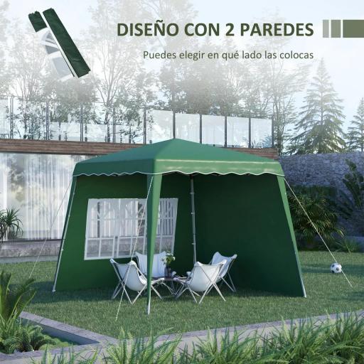 Carpa Plegable con 2 Paredes Laterales 2,89x2,89m Cenador Pabellón de Jardín con Altura Ajustable Protección UV50+ Verde [2]