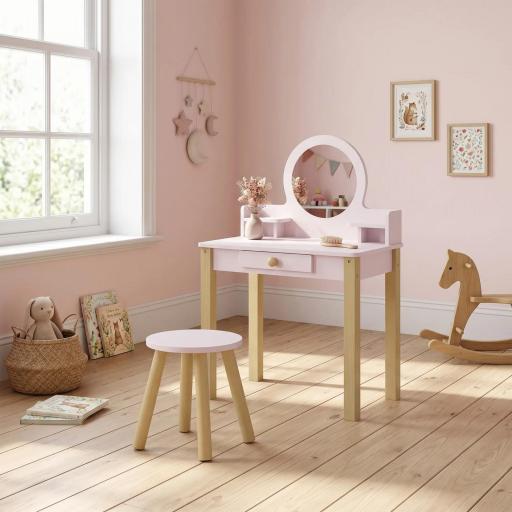 Tocador de Maquillaje Niña Tocador Infantil con Taburete Espejo Cajón y 2 Estantes Abiertos para Niños 3 a 6 Años Rosa [5]