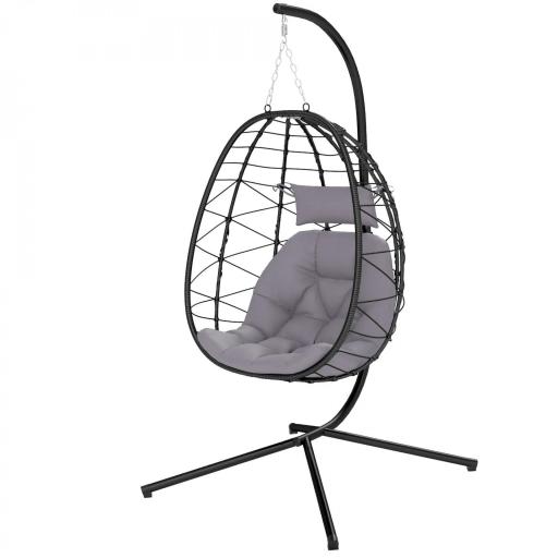 Silla Colgante Huevo con Soporte con Cesta Plegable Cojín y Reposacabezas para Interior y Exterior Carga 120 kg Gris [8]