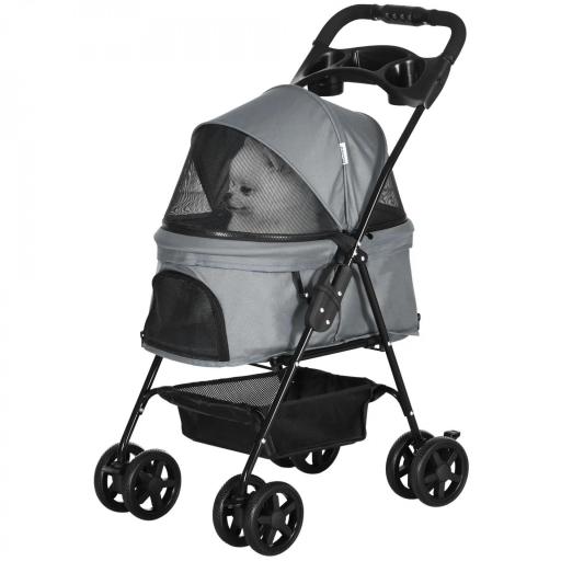 Carrito para Perros Pequeños con Ruedas Universales Cesta de Almacenaje Correas de Seguridad y Ventanas 67x45x96 cm Gris [8]