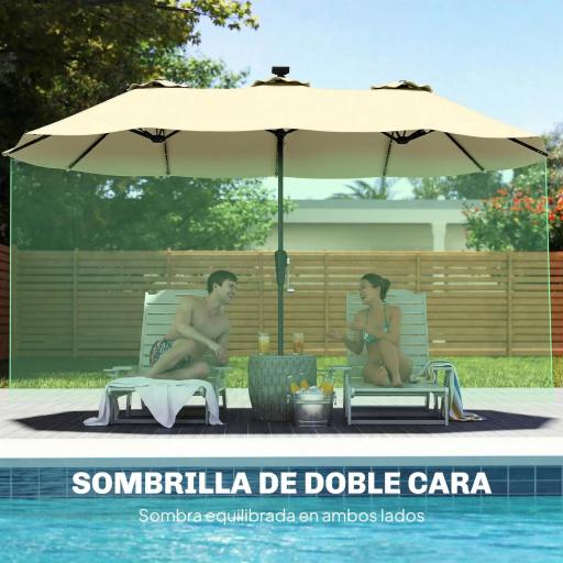 Sombrilla Doble de Jardín 4x2 m con 36 Luces LED UPF50+ Manivela 12 Varillas Resistente al Agua Beige [3]