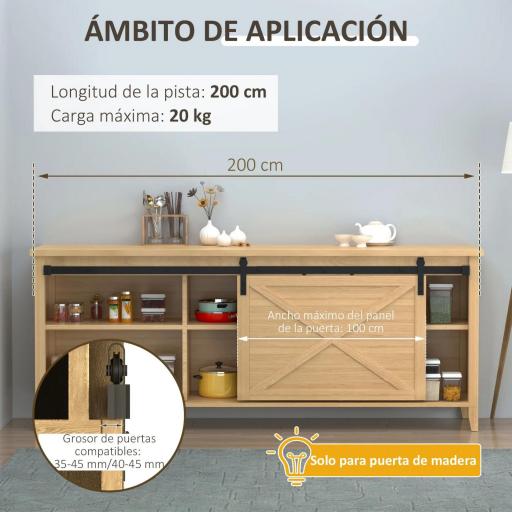 Mini Herraje para Puerta Corredera 200 cm Kit de Accesorios para Puerta Corrediza de Madera con 2 Rieles de Acero al Carbono Carga 20 kg 200x0,4x18 cm Negro [6]