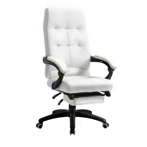 Silla de Oficina Giratoria Silla de Escritorio Reclinable Silla de Estudio Tapizada de PU con Altura Ajustable Reposabrazos Reposapiés 65x65x118-125 cm Blanco [9]