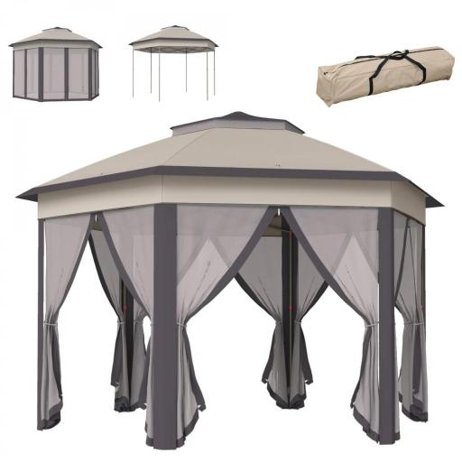 Carpa Plegable 4x3,4 m con Doble Techo 6 Mosquiteras Extraíbles y Bolsa de Transporte Anti-UV Marrón y Beige [8]