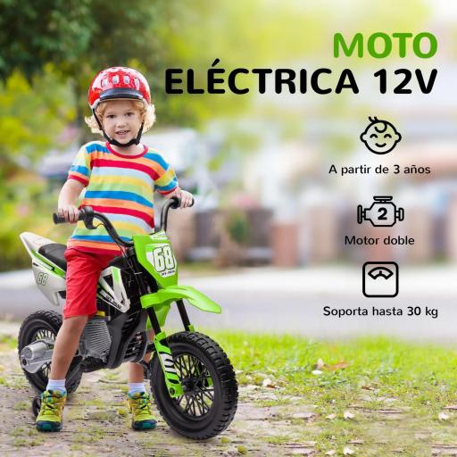 Moto Eléctrica para Niños de +3 Años con Batería 12V Música y Ruedas Auxiliares Carga 30 kg Verde [7]