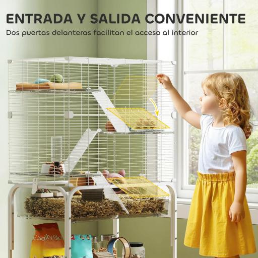 Jaula para Animales Pequeños de 4 Niveles con Ruedas Bandeja Profunda Rampas Plataformas y Comedero 73x47x123 cm Blanco [6]