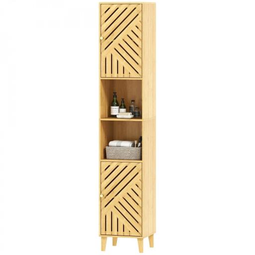 Columna de Baño Estrecha con Puertas y Patas de Bambú Estantes Ajustables Compartimento Abierto 32x30x170 cm Natural [8]