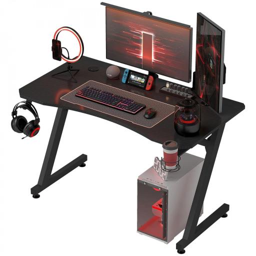 Mesa Gaming 120x65x74,5 cm Escritorio Ergonómico Gaming desk para Computadora PC con Portavasos Gancho para Auriculares y Pies Ajustables Efecto de Fibra de Carbono Negro [8]