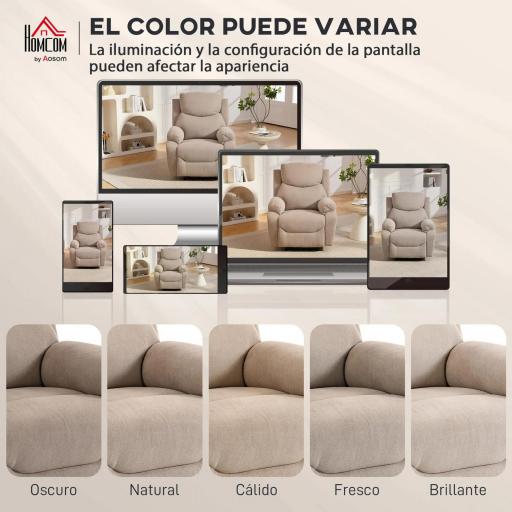 Sillón Relax Reclinable Manual Tapizado en Tela Aspecto Lino Reposapiés Reposabrazos Acolchado Grueso Beige [3]