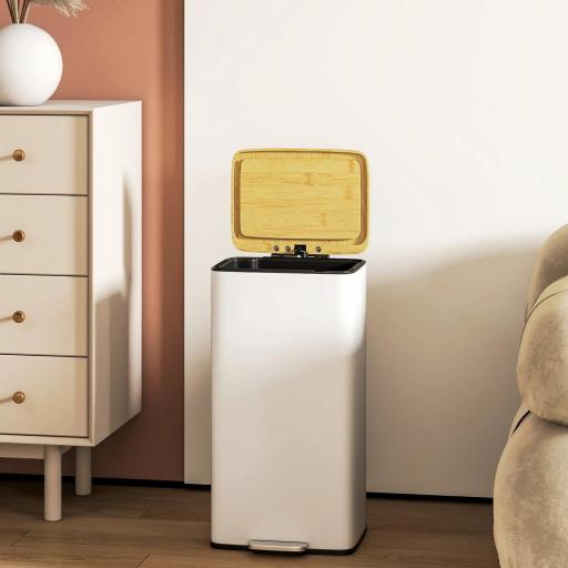 Cubo de Basura Cocina con Pedal 20L Tapa Cierre Suave Cubo Interior Extraíble 29,5x29,5x56,8 cm Blanco y Natural [0]