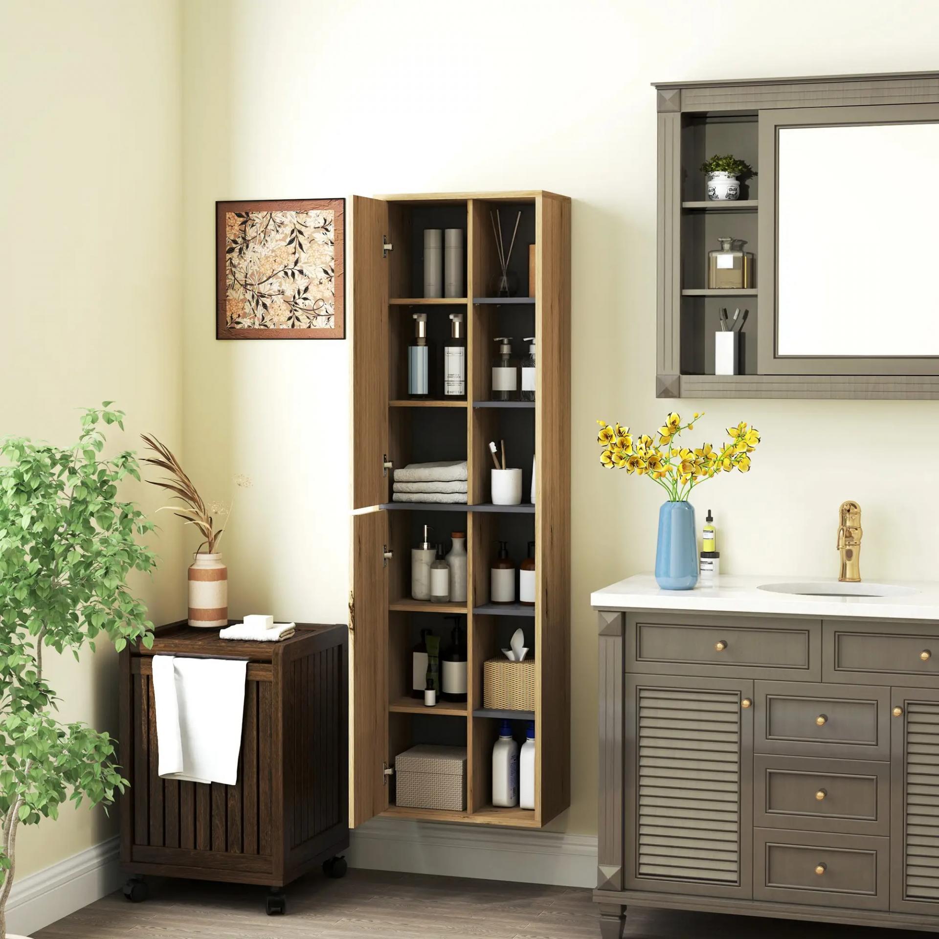 Columna de Baño de Pared Armario de Baño con Compartimentos Abiertos y 2 Puertas 40x24x141,5 cm Natural