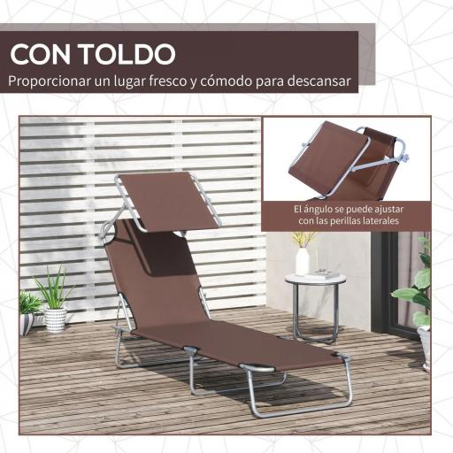 Tumbona de jardín Plegable con Toldo y Respaldo Reclinable para Jardín Terraza Acampada 187x58x36cm Marrón [4]
