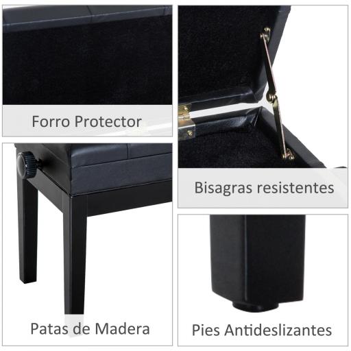 Banqueta para Piano Banco para Piano con Ajustable en Altura de 48 a 58 cm Espacio de Almacenamiento Patas de Madera Taburete para Teclado Acolchado 54,5x33x48-58 cm Negro [3]