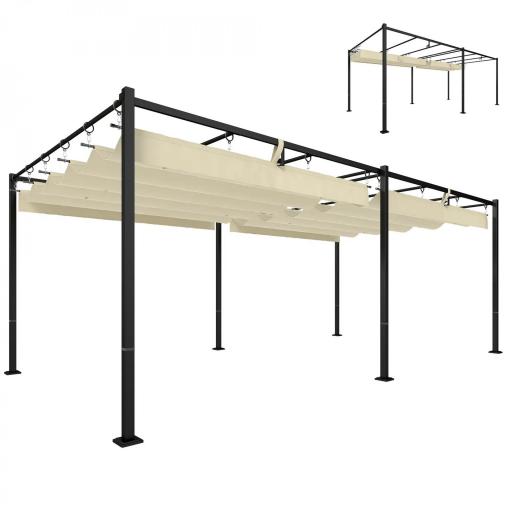 Pérgola de Jardín 6x3 m con Techo Retráctil Protección UPF50+ Drenaje Cenador de Jardín para Patio Exterior Crema [9]