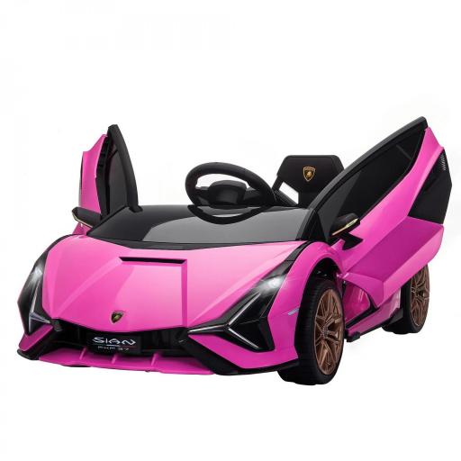 Coche Eléctrico para Niños de +3 Años Lamborghini SIAN Coche de Batería 12V con Mando a Distancia Apertura de Puerta Música MP3 USB y Faros 3-5 km/h 108x62x40 cm Rosa [10]