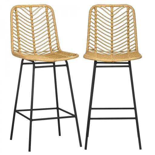 Taburetes Altos de Cocina Juego de 2 con Asiento de Ratán Sintético Taburetes de Bar con Patas de Acero 42,5x52x102 cm Natural [8]