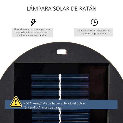 Linterna de Jardín de Ratán Sintético Farola Solar Exterior con Luces LED Encendido y Apagado Automático Impermeable para Terraza Balcón Patio Ø21,5x61 cm, Negro [8]