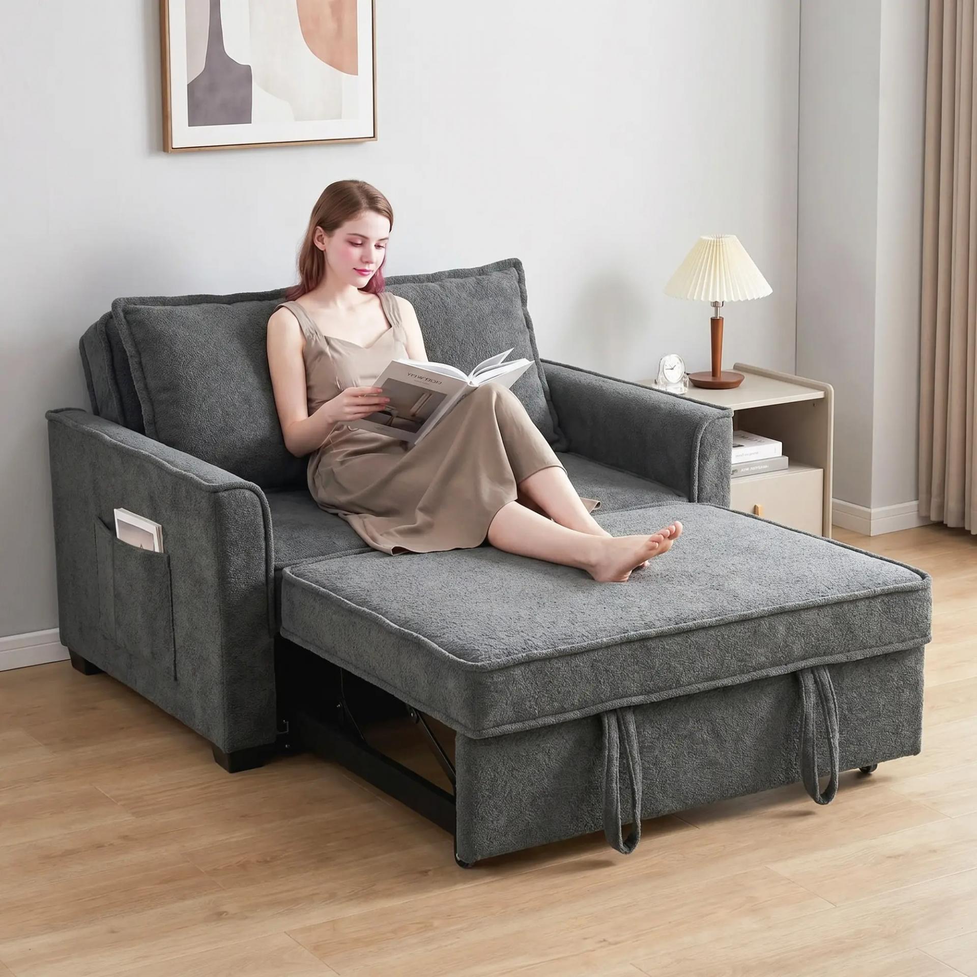 Sofá Cama 2 Plazas 3 en 1 con Respaldo Ajustable Bolsillos Laterales 2 Almohadas para Sala de Estar Gris Oscuro