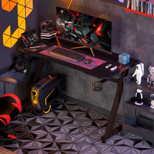Mesa Gaming 120x65x74,5 cm Escritorio Ergonómico Gaming desk para Computadora PC con Portavasos Gancho para Auriculares y Pies Ajustables Efecto de Fibra de Carbono Negro [7]
