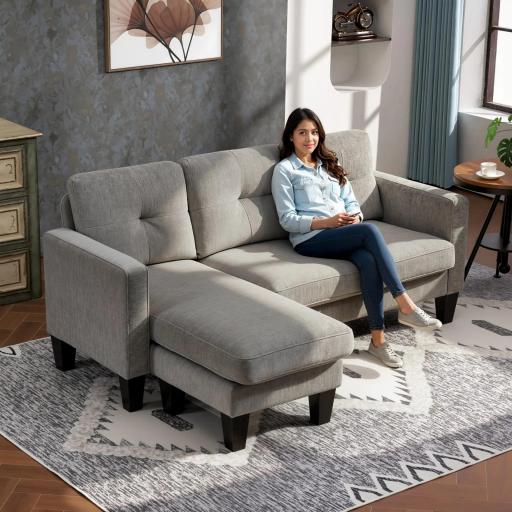 Sofá Chaise Longue Reversible con Estructura de Acero Tapizado en Chenilla 186x130x84cm Marrón Topo [8]