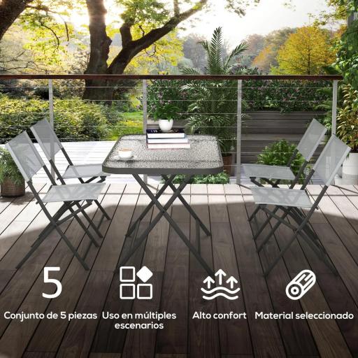 Conjunto de Mesa y 4 Sillas de Jardín Plegable con Mesa de Vidrio Templado Estilo Moderno para Terraza Patio Gris [2]