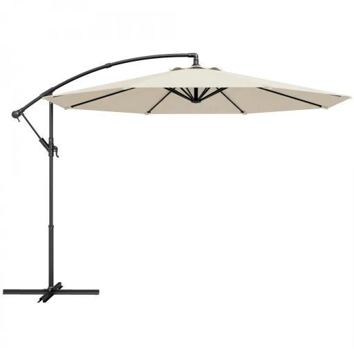 Parasol Excéntrico Ø300 cm con Base Cruzada Toldo Ajustable y Manivela UPF30+ para Terraza Patio Blanco Crema [7]