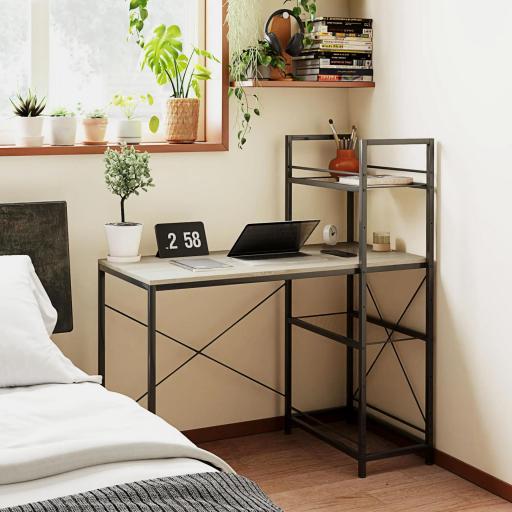 Escritorio de Estilo Industrial con Estantería Reversible Mesa de Estudio para Oficina Dormitorio 110x53x115,5 cm Roble