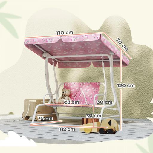 Columpio Jardín Exterior para niños 2 Plazas Toldo Ajustable Cinturones de Seguridad Diseño de Unicornio Arcoíris Rosa [6]