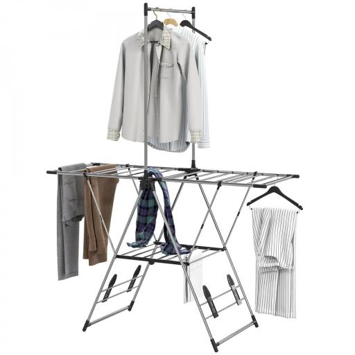 Tendedero Vertical Plegable con Alas Ajustables 4 Soportes para Calzado Barra y Estante 139x62,5x201 cm Plata [2]