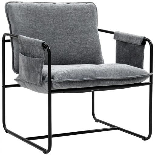 Butaca Moderna para Relax con Tapizado en Chenilla Estructura de Acero y Reposabrazos con Bolsillos 68x76x81 cm Gris [8]