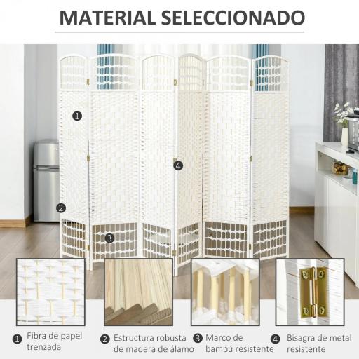 Biombo de 6 Paneles Separador de Ambientes Plegable de Fibra de Papel para Dormitorio Salón 242x170 cm Blanco [7]