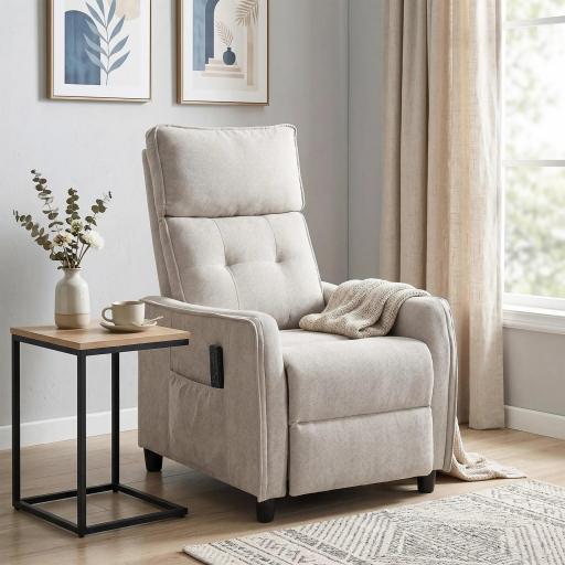 Sillón de Masaje Reclinable con Reposapiés 2 Zonas de Masaje Asiento de Muelles Bolsillos Tapizado en Lino Crema [5]