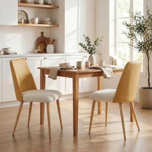 Juego de 2 Sillas de Cocina con Respaldo de PU de Imitación Ratán Patas de Acero y Asiento Acolchado Marrón y Beige